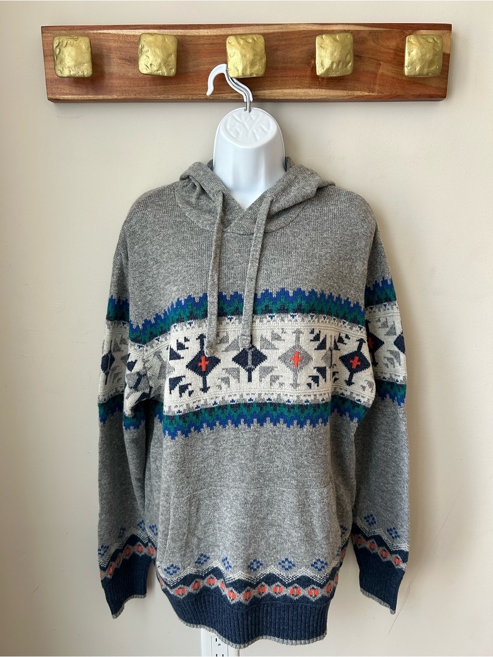American Eagle Grey Hooded Fair Isle Pullover Hoodie Nordic Cozy Oversized large